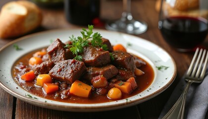 Beef bourguignon dish served on plate with rich red wine sauce. Beef pieces cooked tender, mixed with carrots, vegetables in savory sauce. Aromatic herbs garnish dish. Wine glass present. Rustic