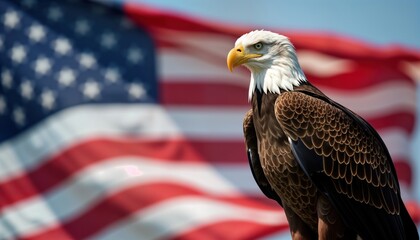 Bald eagle portrait against waving US flag. Powerful symbol of American freedom, national pride. Majestic bird of prey. National symbol. Patriotic image. Beautiful eagle. Proud bird. American icon.