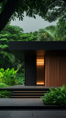 Modern A-Frame House with Large Windows and Warm Evening Lighting in Tranquil Landscape