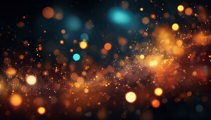 Fototapeta premium Sparks glimmer fire flakes glitter particles bokeh background, blurry color lights on black