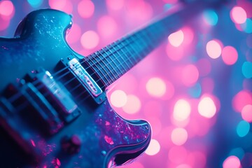 Fototapeta premium Electric guitar in vibrant neon lights on stage