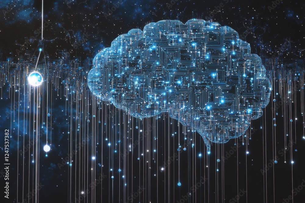 Poster a starry night sky with circuit board patterns forming the shape of a brain, and light beams emanati