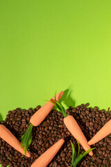 Creative flat lay composition with Easter carrots and coffee roasted beans. Pastel colors and soft shadows. Realistic aesthetic look. Contemporary style.