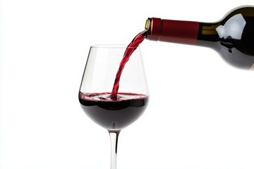 Glass of red wine is poured into a wine glass