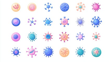 Close-up set of colorful virus and germ flat icons with smooth gradients, including bacteria, microbes, and spores on a clean white background