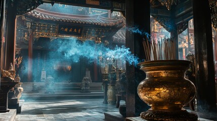 The temple incense burner, featuring smoldering sticks, is significant in Asian culture, integral to spiritual rituals, with its scented smoke promoting a tranquil setting