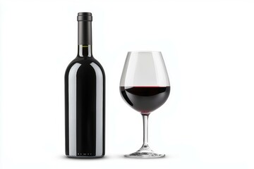Bottle of red wine and a wine glass are shown on a white background