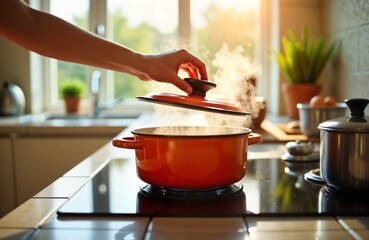 Female hand opens lid of orange enamel steel pot on electric stove. Boiling water soup creates steam backlit by warm sunlight. Kitchenware tools, home background. Cooking scene. Woman cooking at home