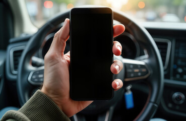 Close-up view of male driver using smartphone in vehicle. Man holds smartphone with blank screen in hand. Focus on hand, phone. Inside car bus. Driver potentially using navigation app communication