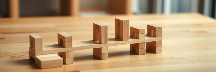 Wooden building blocks arranged creatively on a smooth surface evoking a sense of collaboration and innovation representing teamwork and project development within a bright workspace