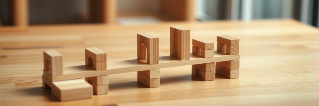 Wooden building blocks arranged creatively on a smooth surface evoking a sense of collaboration and innovation representing teamwork and project development within a bright workspace