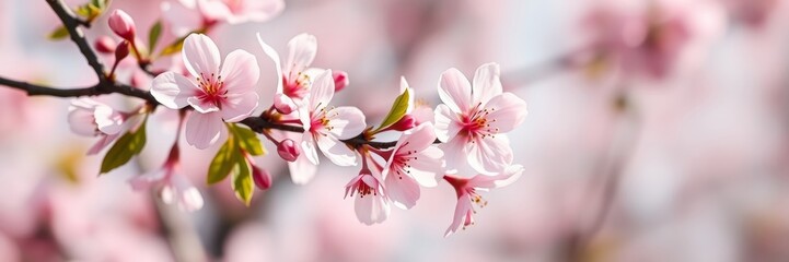 Blossoming cherry blossom branches with delicate pink flowers conveying a sense of tranquility and renewal against a softly blurred pastel background