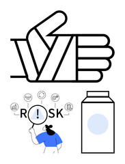 Bandaged hand denotes injury, risk assessment with magnifying glass explores hazard factors, milk carton signals food safety. Ideal for health, workplace safety, risk management, food safety, injury