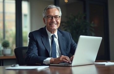 Smiling mature businessman in suit sits at office desk using laptop. Business executive working on computer. Pro person in office environment. Modern business concept. Corporate setting. Happy,