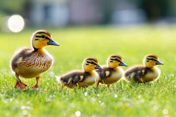 Obraz premium Group of ducklings are walking across a grassy field