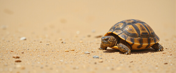 Obraz premium Tortoise slowly crawling on sandy ground under bright sunlight conveying a sense of calmness and exploration