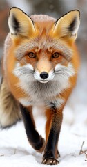 Obraz premium Red fox winter walk, snowy forest. Wildlife nature photo for websites.
