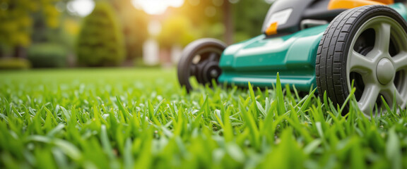Lawn Mower on a lush green lawn during sunset, showcasing a detailed close-up of its wheels and blades, conveying a sense of tranquility and outdoor maintenance