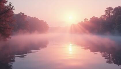 Fototapeta premium Nature's Canvas: Tranquil Lake Reflects Setting Sun's m Hues