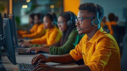 A group of teenagers is actively working on computers in a contemporary workspace. Each individual wears headphones. Representing online training, gaming, customer service or a call center workspace.