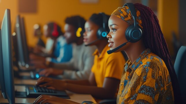 A group of young individuals focused on their screens in a bright, modern workspace during the evening. Representing online training, gaming, customer service or a call center workspace.
