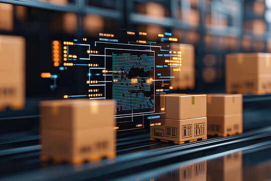 Advanced digital warehouse management with holographic controls and packages. This showcases modern logistics environment, emphasizing technology and efficiency
