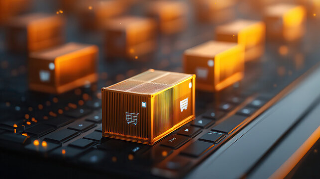 Digital logistics hub with holographic shipment containers on keyboard