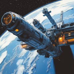 Obraz premium Futuristic spaceship orbiting Earth, detailed view of its structure and engines against the backdrop of a blue planet and starry space.