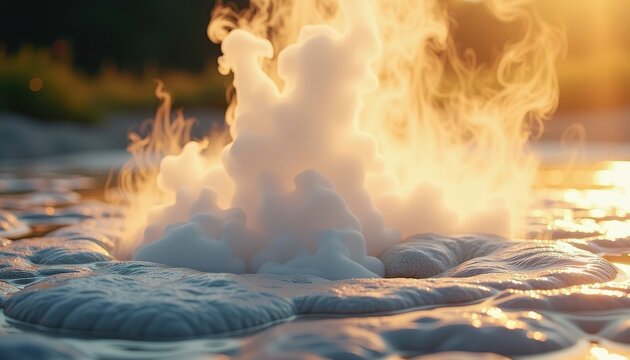 Golden Sunset Geysers Erupting in Nature's Spectacle