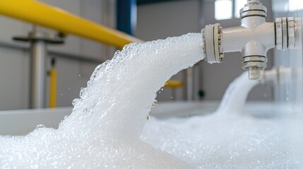 Foamy liquid flowing from pipe in industrial plant