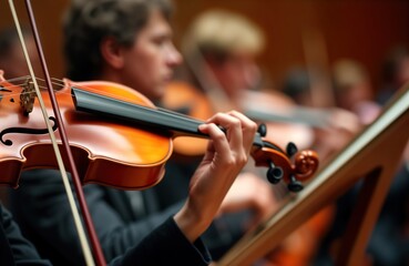Close-up view of violinist performing symphony orchestra in concert hall. Musician plays violin with skill, elegance. Hand holds bow, violin. Concert hall atmosphere filled with music. Musical