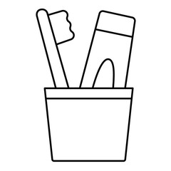 Icon of a cup with a toothbrush and toothpaste, oral hygiene, dental care, and healthy habits,  representing personal care routines, daily oral health maintenance, and hygiene-related products.