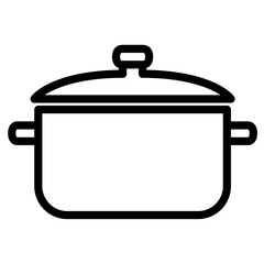 Icon of a pot with lid, side handles, a lid knob, representing essential kitchenware for cooking and meal preparation, home cooking, culinary tools, everyday kitchen needs in domestic settings.