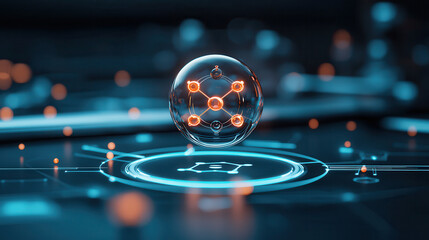 futuristic holographic representation of molecular structure, showcasing glowing nodes and connections, set against dark, high tech background