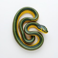 Fototapeta premium Highly detailed close-up of a hanging brown spotted green pitviper, isolated on a white background