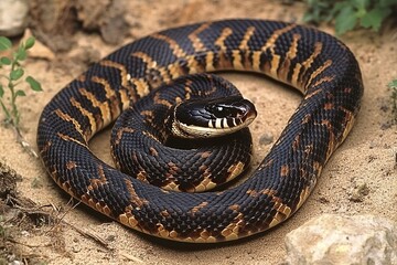 A macro view of a young Eastern hognose snake with its hood puffed up on a gravel road