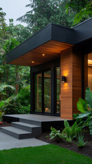 Fototapeta premium Modern A-Frame House with Large Windows and Warm Evening Lighting in Tranquil Landscape