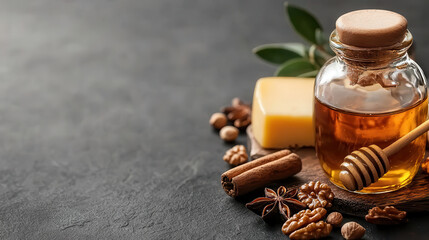 Artisanal honey jar with nuts, cheese, and spices on dark surface, creating warm and inviting atmosphere for culinary delights