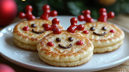 Festive pancakes shaped like reindeer, decorated with playful toppings.