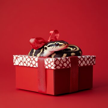 Ball python exploring a red gift box