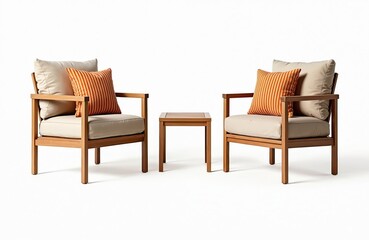 Fototapeta premium Outdoor wooden furniture set for patio. Two armchairs, small table. Neutral beige cushions with orange striped pillows. Minimalist design style. Ideal for home villa. Perfect for relaxation, enjoying