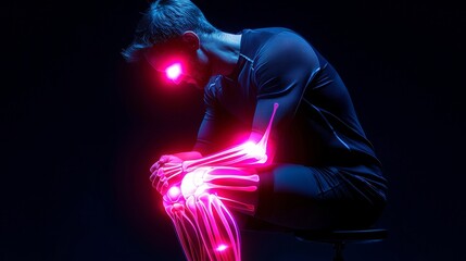 Isolated figure of a man gripping his knee, with a radiant red emphasis on the joint, ideal for advertisements for joint therapy or massage services