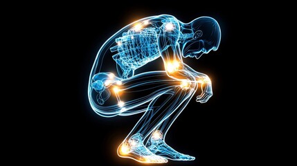 Isolated figure of a man gripping his knee, with a radiant red emphasis on the joint, ideal for advertisements for joint therapy or massage services