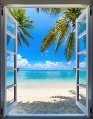 Open window frames a stunning view of a tranquil beach with soft sands and crystal-clear waters. Lush palm trees sway gently in the warm tropical breeze under a brilliant blue sky