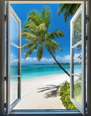 Sun-kissed palm trees gently sway outside a beautifully framed window, offering breathtaking views of a tranquil beach and crystal-clear waters under a vibrant blue sky