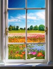 Bright sunlight streams through open window panes, revealing a breathtaking landscape filled with colorful wildflowers and lush greenery. A perfect glimpse of nature’s splendor © Matthias