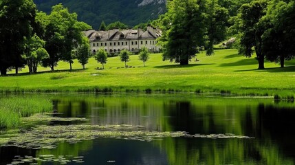 Naklejka premium Serene Meadow Landscape Beside Pond Reflecting Building