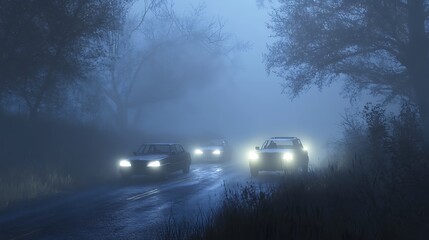 Obraz premium Foggy road scene with cars illuminated by headlights