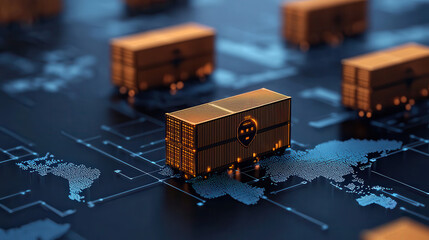 Digital freight tracking system with holographic display showcasing shipping containers on global map. This innovative technology enhances logistics and supply chain management