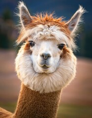 Obraz premium A fluffy brown alpaca tilts its head in a playful manner, showcasing its charming personality. Set against a backdrop of rolling hills, this delightful creature brings a sense of peace and happiness